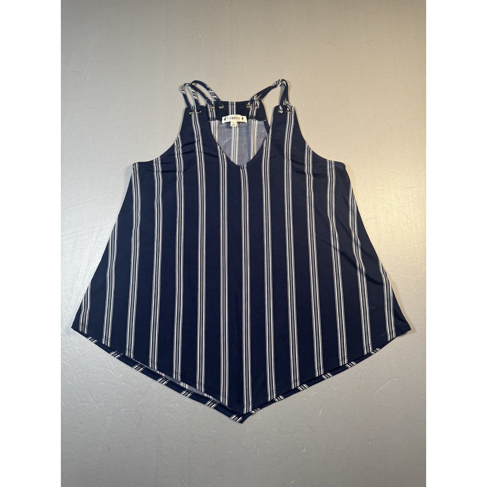 Agenda Tank Top Womens Large Navy Blue White Striped Double Strap Flow Summer